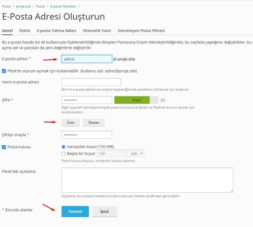 Plesk E-Posta Adresi Oluştur